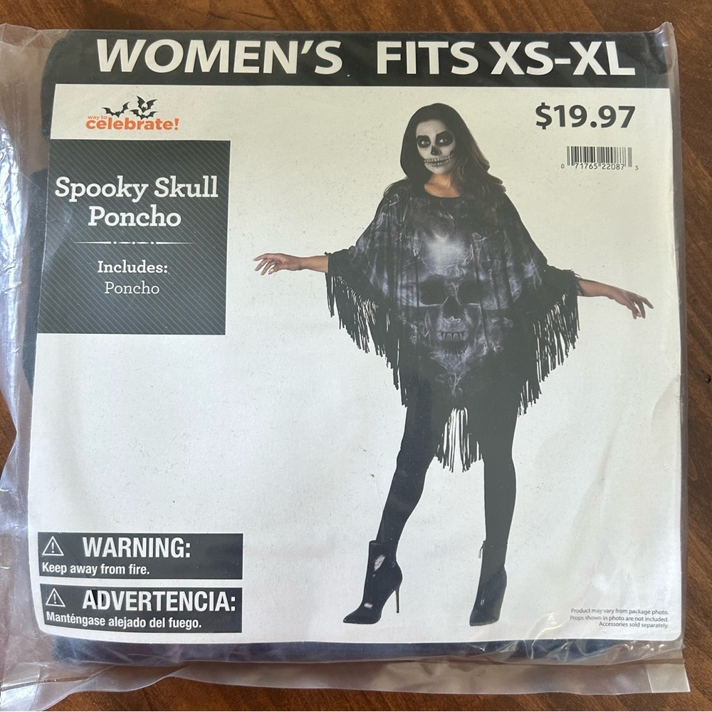 Spooky Skull Poncho Halloween Costume Women’s XS-XL Black Gray Fringe Detail NEW